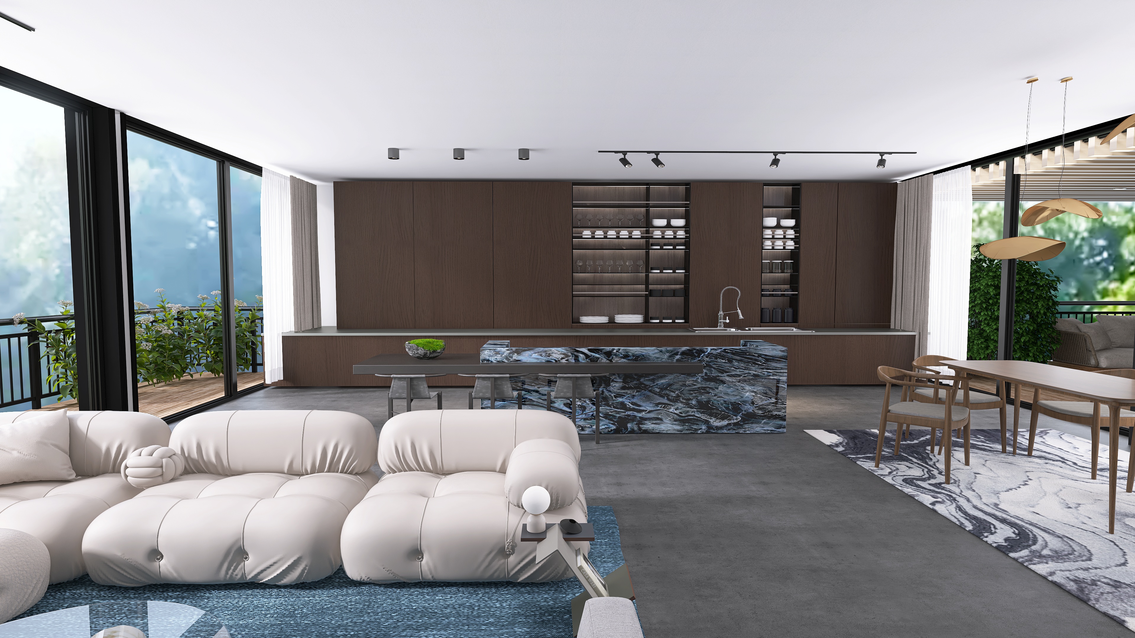 סלון מודרני עם ספה לבנה, אי מטבח שיש כחול, מרפסת ירוקה ופינת אוכל