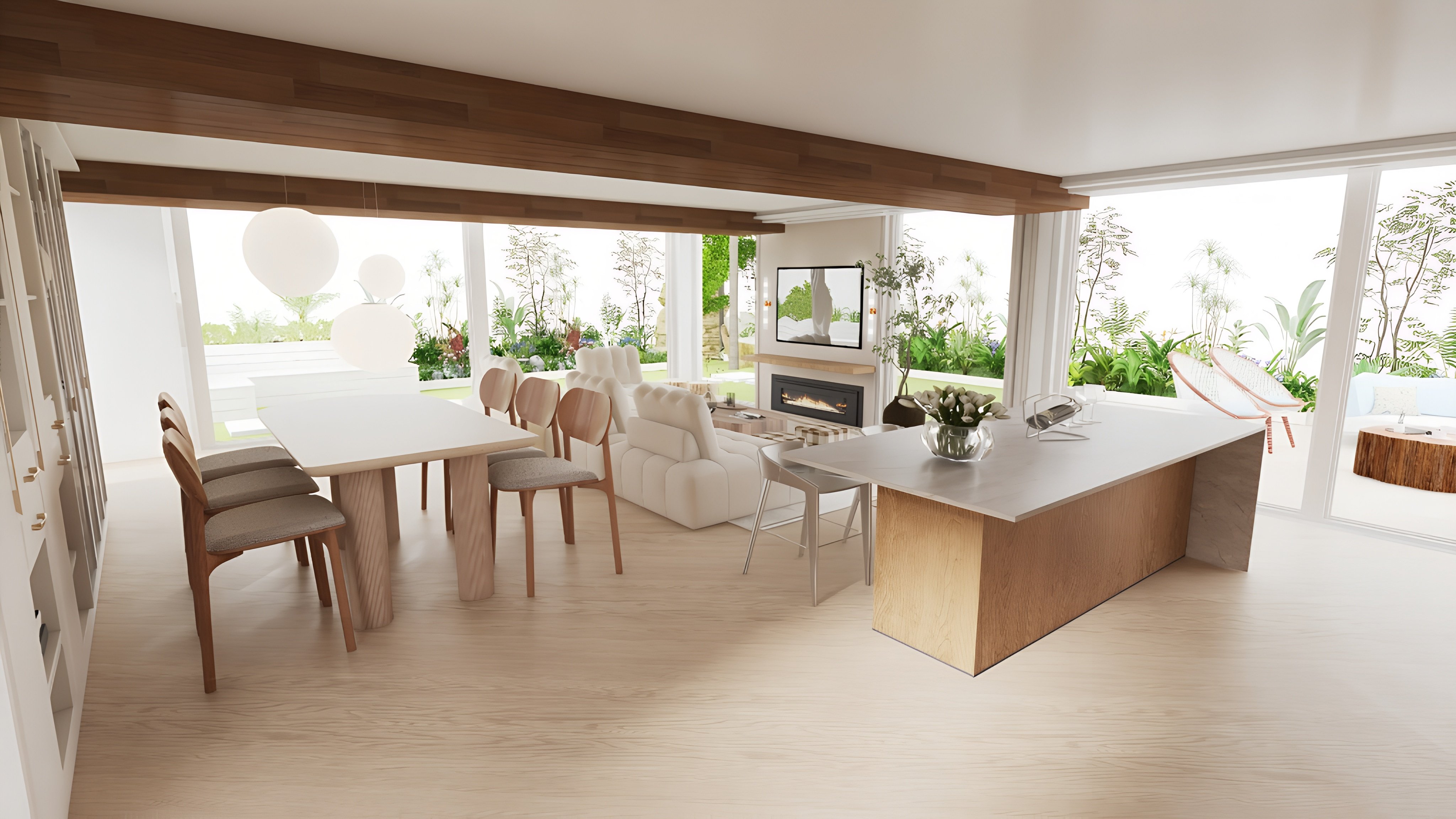 חלל מגורים מודרני עם שולחן אוכל מעץ, ספה לבנה, אי מטבח ונוף ירוק